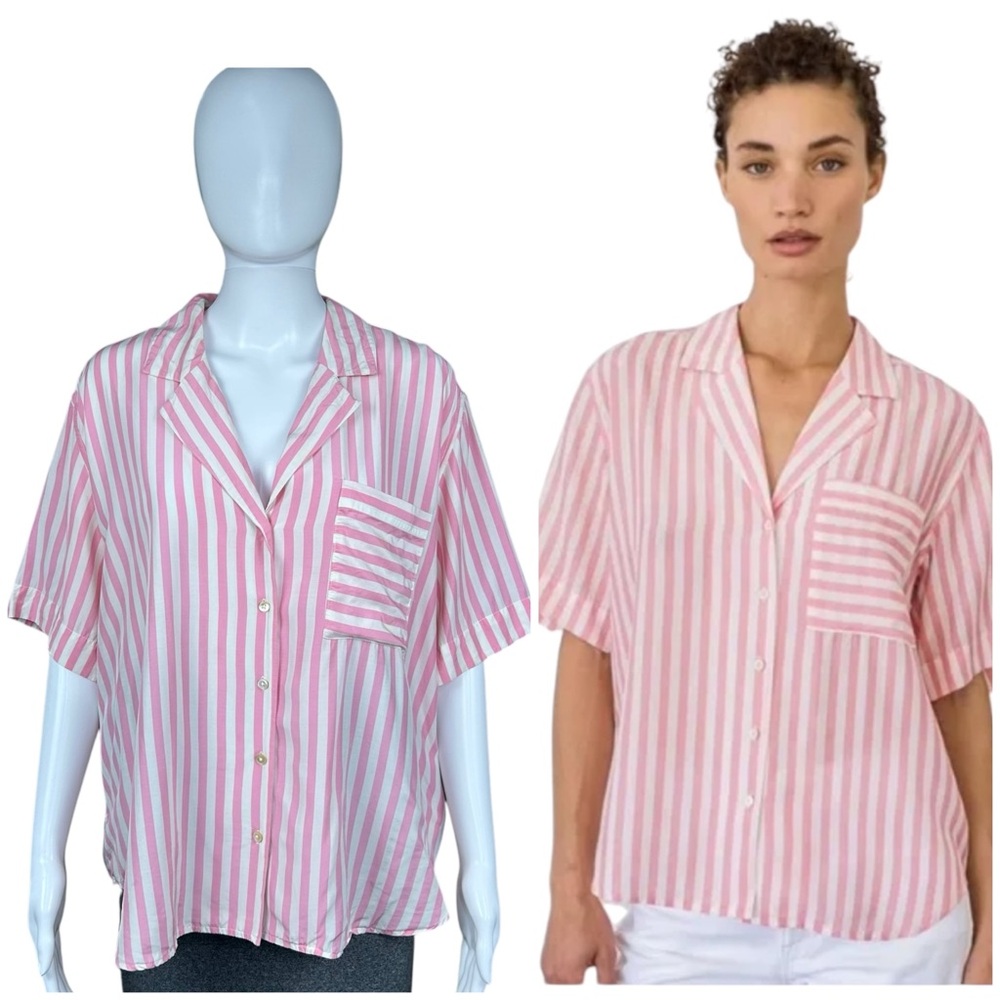 AYR The Pool Boy Shirt  Sz XL Pink White Stripe Silk Blend Short Sleeve Blouse